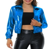 Jedinstvena povoljna ženska staza holografska sjajna metalna prednja jakna sa patentnim zatvaračem