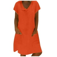 Ženski kratki rukav jednobojne majice haljine ležerni ljetni V izrez labavi pamučni laneni sarafan do koljena s džepovima Pink XL