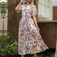CETHRIO LETDE MAXI haljina za žene - proljeće i ljetni posad izrez šuplji ruflirani cvjetni košulji s kratkim rukavima duga košuljica dugačka suknja ljubičasta