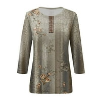 Žene Vintage Cvjetna Bluza Šik Tshirts Rukav Majice Crewneck Tees Dressy Casual Tops Plus Size Tunic Kaki