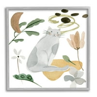 Stupell Industries cvjetna sretna mačka botanikalci Grafička umjetnost Siva uokvirena umjetnost Zidna