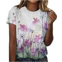 Cleariance Casual majice za žene, kratki rukav vrhovi ljetni okrugli vrat Modni cvjetni tiskani vitak fit pulover ljubičasti xxl