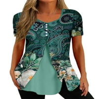Haite Ladies T Shirt Floral Print T-shirt Crew Neck Summer Tops Dailywear Tee Work kratki rukav tunika bluza zelena s