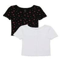 Wonder Nation Djevojke Dugme Prednji Rebra T-Shirt, 2-Pack, Veličine 4 - & Plus