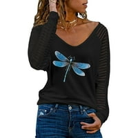 tklpehg ženske dukserice na kapuljaču vrhovi udobne labave fit bluze casual v-izrez Dragonfly Print dugih rukava Fall majica crni xxl