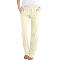 ylioge ženske trendi ravne pantalone džepovi lanene prolećne pantalone jednobojne pantalone visokog struka