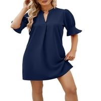 Prednjeg swwalk-a za žene s pola rukave kratke mini haljine od pune boje V izrez majica haljina mornarsko plave s