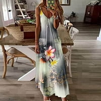 LisingTool haljine za žene Žene Ljetni casual bez rukava V izrez Dugi cvjetni print Haljina Početna Haljina siva