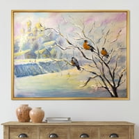 Designart 'Rustikalne Ptice Sjede Na Drvetu U Zimskom Selu' Seoska Kuća Uokvirena Platnenim Zidom Art Print