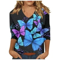 Cleance Women Ljeto Tri četvrtine rukava jesen V-izrez modni leptir print pulover bluzes nebesko plavo