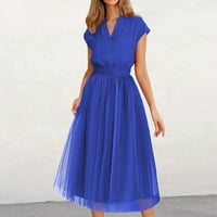 CAVEITL Ljetne haljine Trendy, Ženska Ležerna odjeća Solidna boja V-izrez kratka rukava s kratkim rukavima Elegantna haljina Plava, XXL