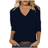 Ponude Ženske majice s dugim rukavima s dugim rukavima Comfy Solid Colore Labavi majica rukavi bluza V-izrez, tamno plava