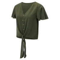 iOPQO majice za žene ženske jednobojne dugmad sa vezicama kratki rukavi T-Shirt modni donji Shirt Top Green M
