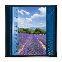 Designart 'pogled na polje lavande kroz plavi otvoreni prozor vikendice' seoska kuća uokvirena platnenim