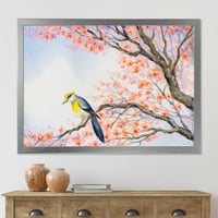 Lijepa Plava Ptica Sjedi Na Cvjetnoj Grani I Uokvirena Slika Platno Art Print