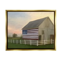 Stupell Industries američka zastava ruralna štala Sunset Farm pejzažno slikarstvo metalik zlato plutajuće