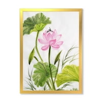 Designart' Single Vintage Pink Lotus Flower With Green Leaves ' Tradicionalni Uokvireni Umjetnički Print
