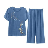 Ženske ljetne pidžame ženske pamučne platnene kratke rukave štampana bluza sedme pantalone dva odijela Noćna haljina za žene Sleepwear Blue XXL