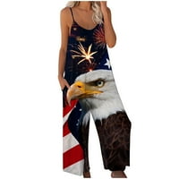 Ženski labavi okrugli vrat Sling udoban džepni kombinezon za široke noge Summer Clearance američka zastava