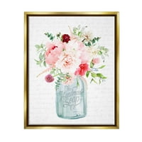 Stupell Industries Bright Pink Floral Bouquet Cursive Script Pattern Graphic Art metalik Gold Floating Framered Canvas Print Wall Art, Design by Lettered and Lined