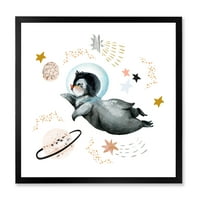 Designart' Little Penguin Flying Planets and Stars II ' seoska kuća uokvirena Art Print